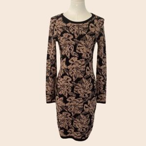 Carmen Marc Valvo Black & Tan Floral Sweater Mini Long Sleeve Dress Size Small